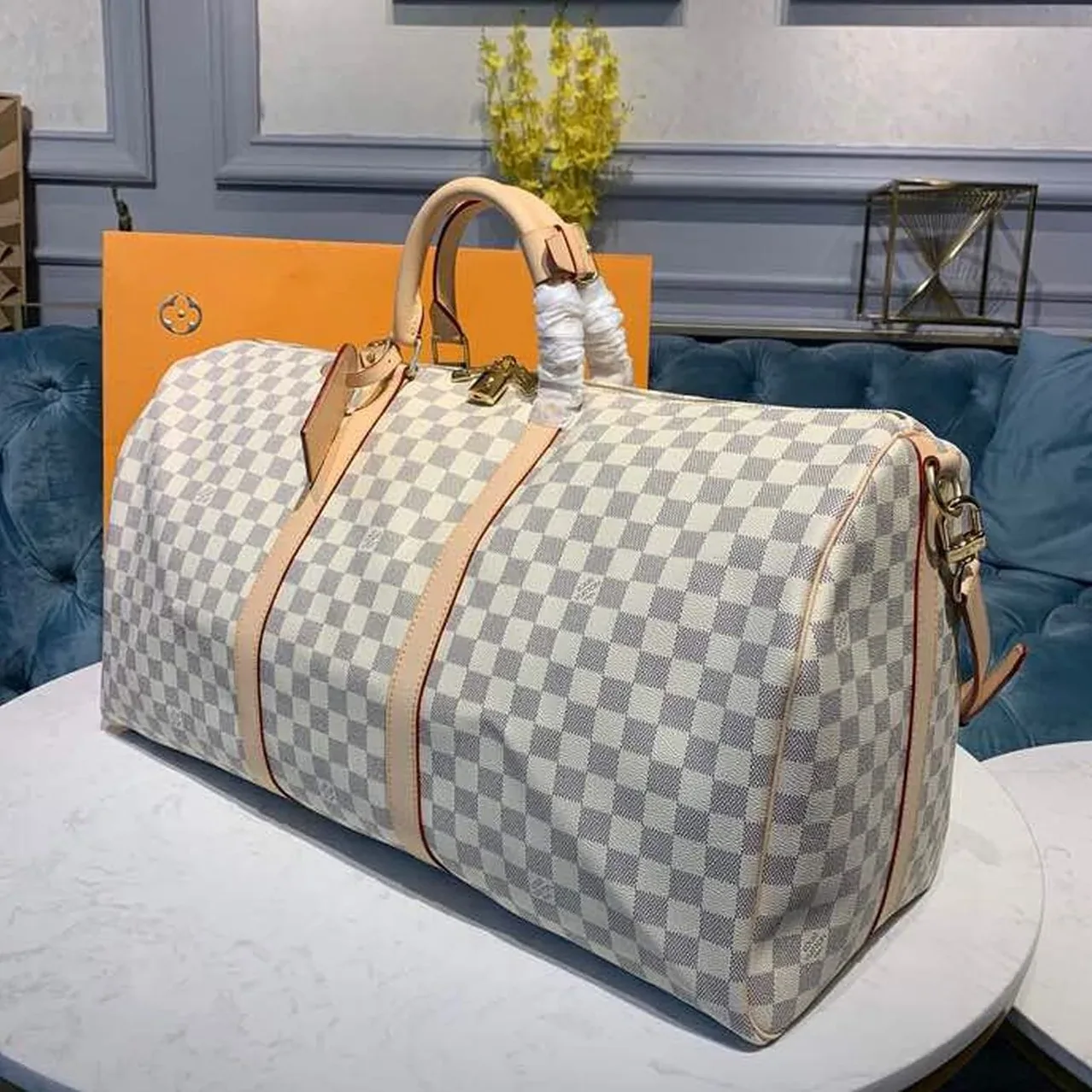 Louis Vuitton Keepall Bandouliere 55 Travel Bag in Damier Azur Gold Hardware Louis Vuitton Keepall Bandouliere 55 Travel Bag in Damier Azur Gold Hardware