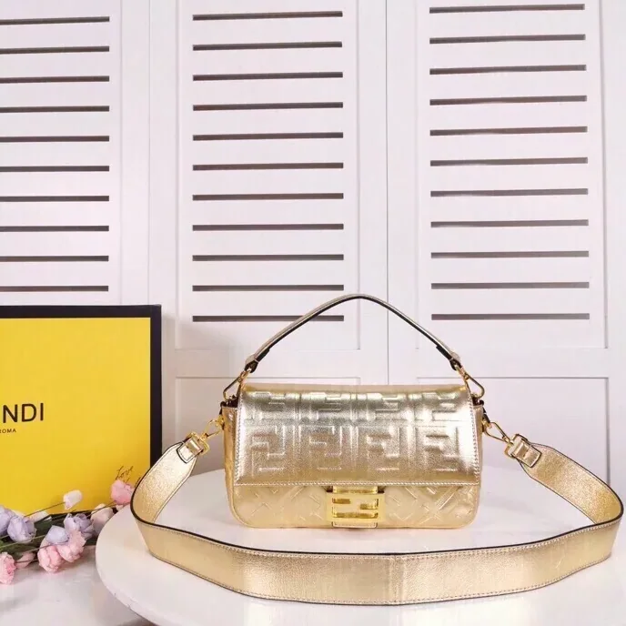 Fendi Baguette Chain Midi Medium Gold Bag For Woman /