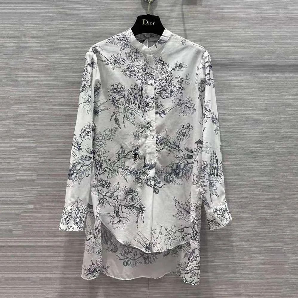 Dior Long Blouse Navy Blue Cotton Voile with Toile de Jouy Flowers Motif for Women