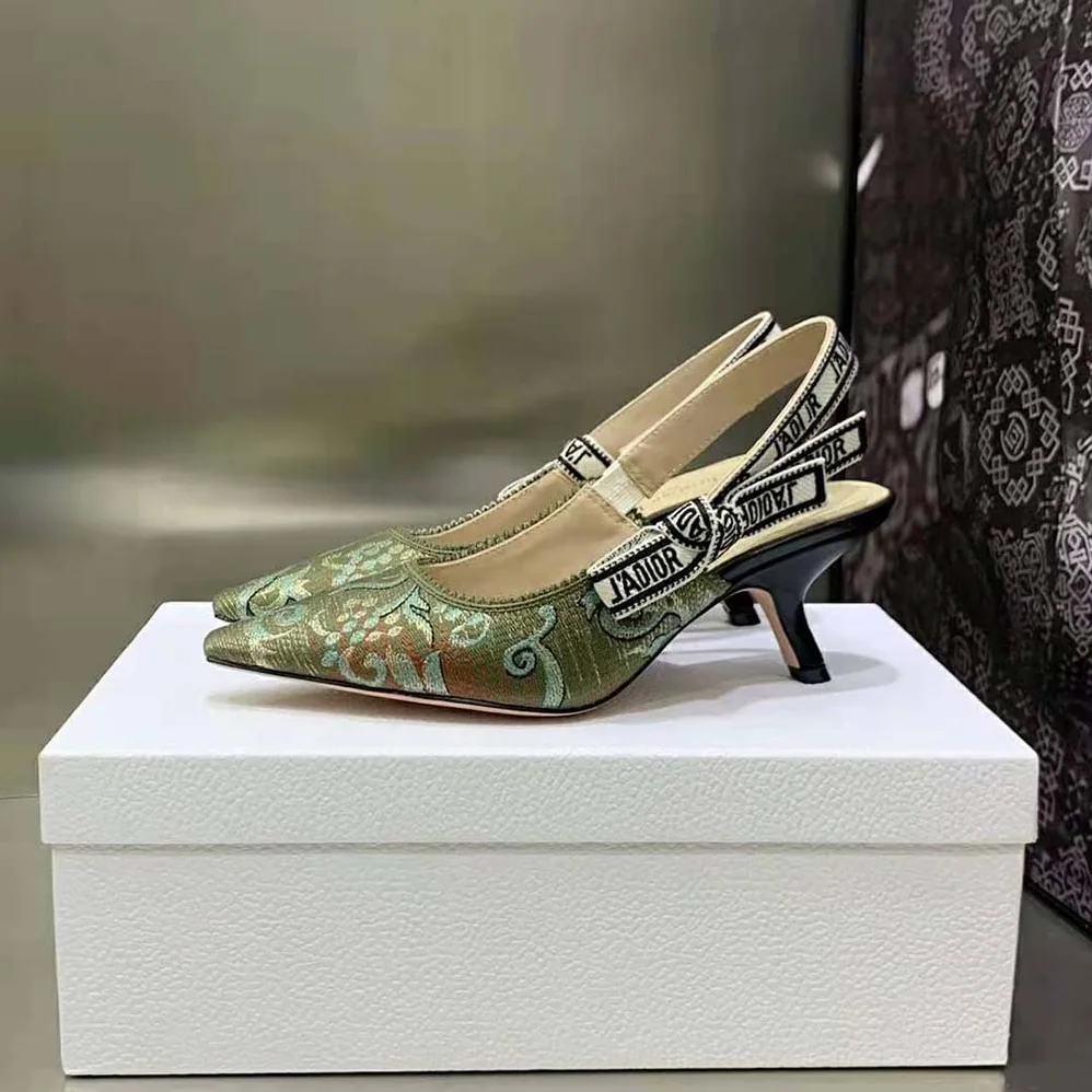 Dior J'Adior Slingback Pump Sky Blue Dior Brocart Embroidered Cotton with Gold for Women in Tone Metallic Thread