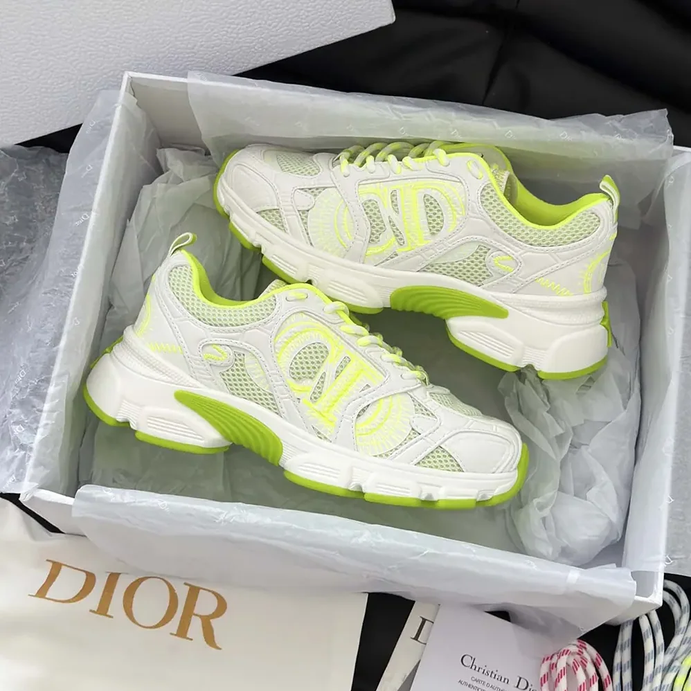 Dior Chrono Sneaker White and Lime Green Mesh with Leather for Unisex in Effect Panels Dior Chrono Sneaker White and Lime Green Mesh with Leather for Unisex in Effect Panels