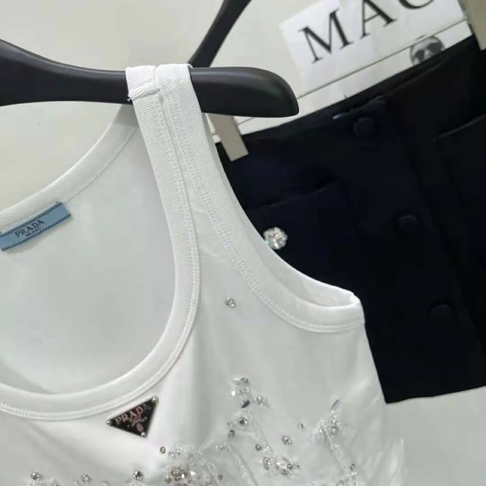 Prada Embroidered Ribbed Knit Jersey Top for Women in White Prada Embroidered Ribbed Knit Jersey Top for Women in White