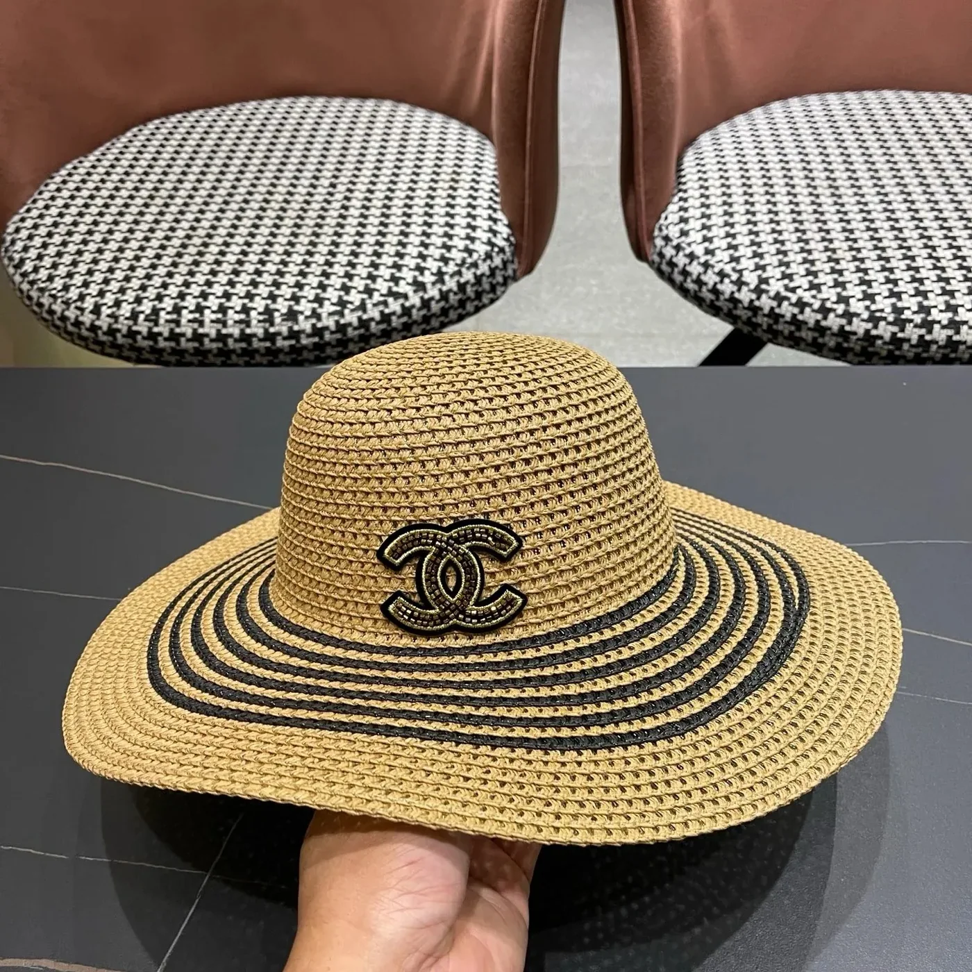 Chanel Monochrome Striped Sun Hat Dark Beige Straw Chanel Monochrome Striped Sun Hat Dark Beige Straw