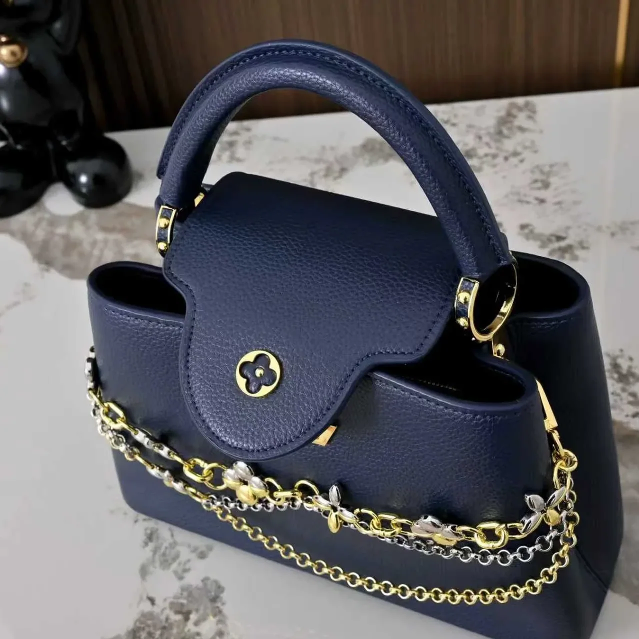 Louis Vuitton Capucines BB Top Handle Bag / Navy Blue Silver/ Gold Hardware Louis Vuitton Capucines BB Top Handle Bag / Navy Blue Silver/ Gold Hardware
