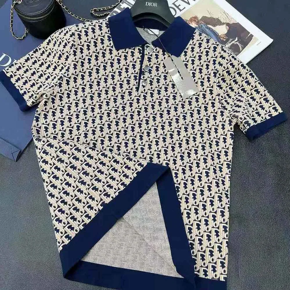 Dior Oblique Polo Shirt Blue Cotton Jacquard for Men