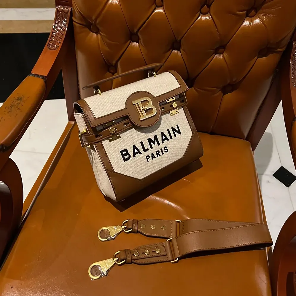 Balmain Bi-material Canvas and Ecru Calfskin B for Women in Buzz Bag Balmain Bi-material Canvas and Ecru Calfskin B for Women in Buzz Bag