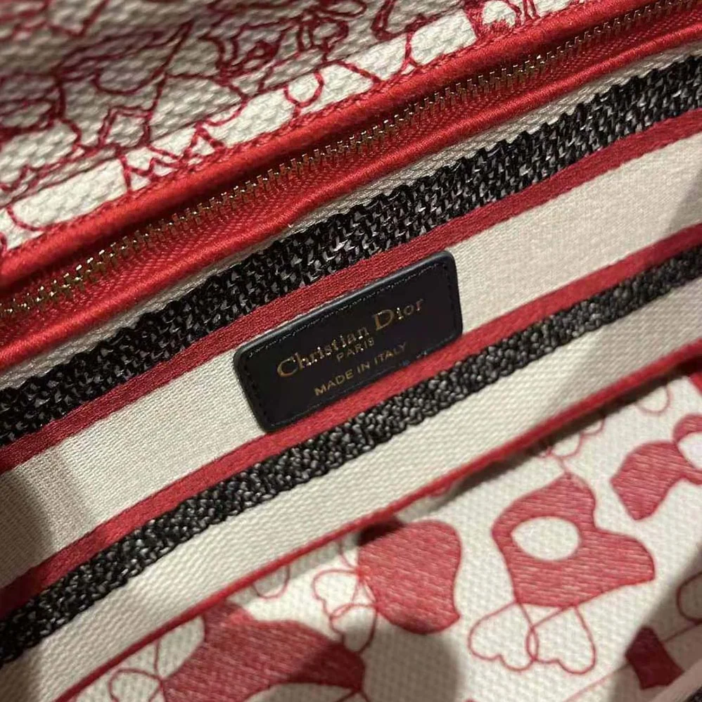 Dior Medium Lady D-lite Bag Red and White D for Women in Royaume D Amour Embroidery