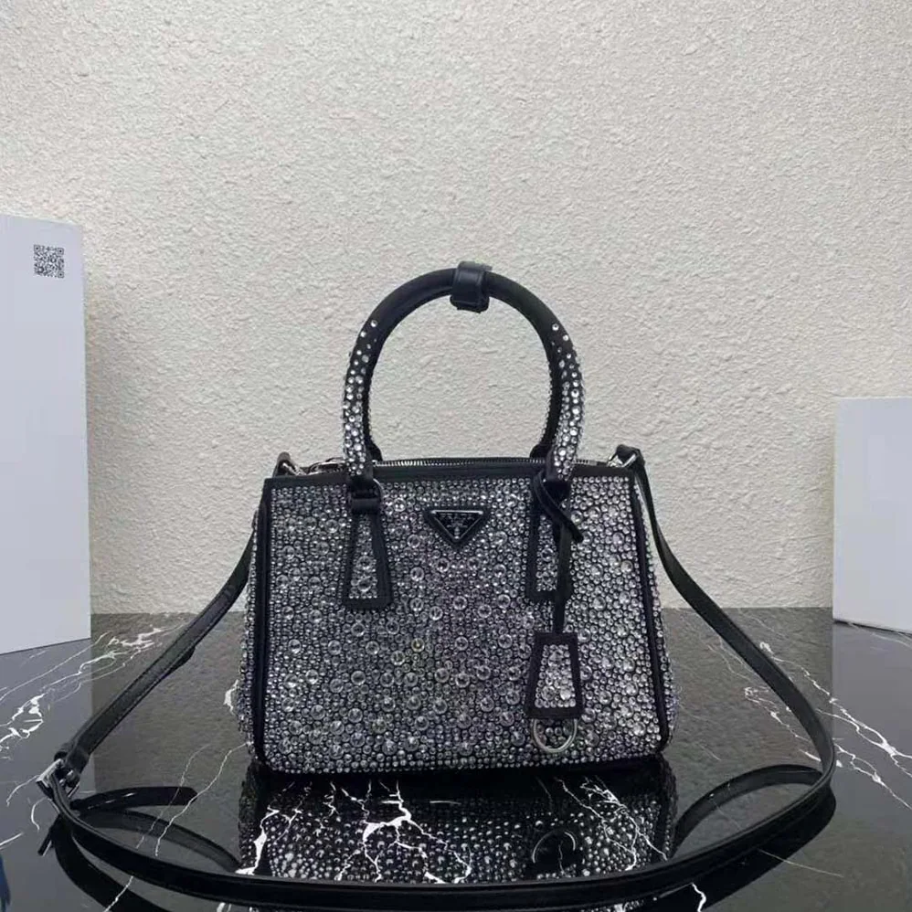 Prada Galleria Satin Mini-Bag with Crystals for Women in Black Prada Galleria Satin Mini-Bag with Crystals for Women in Black