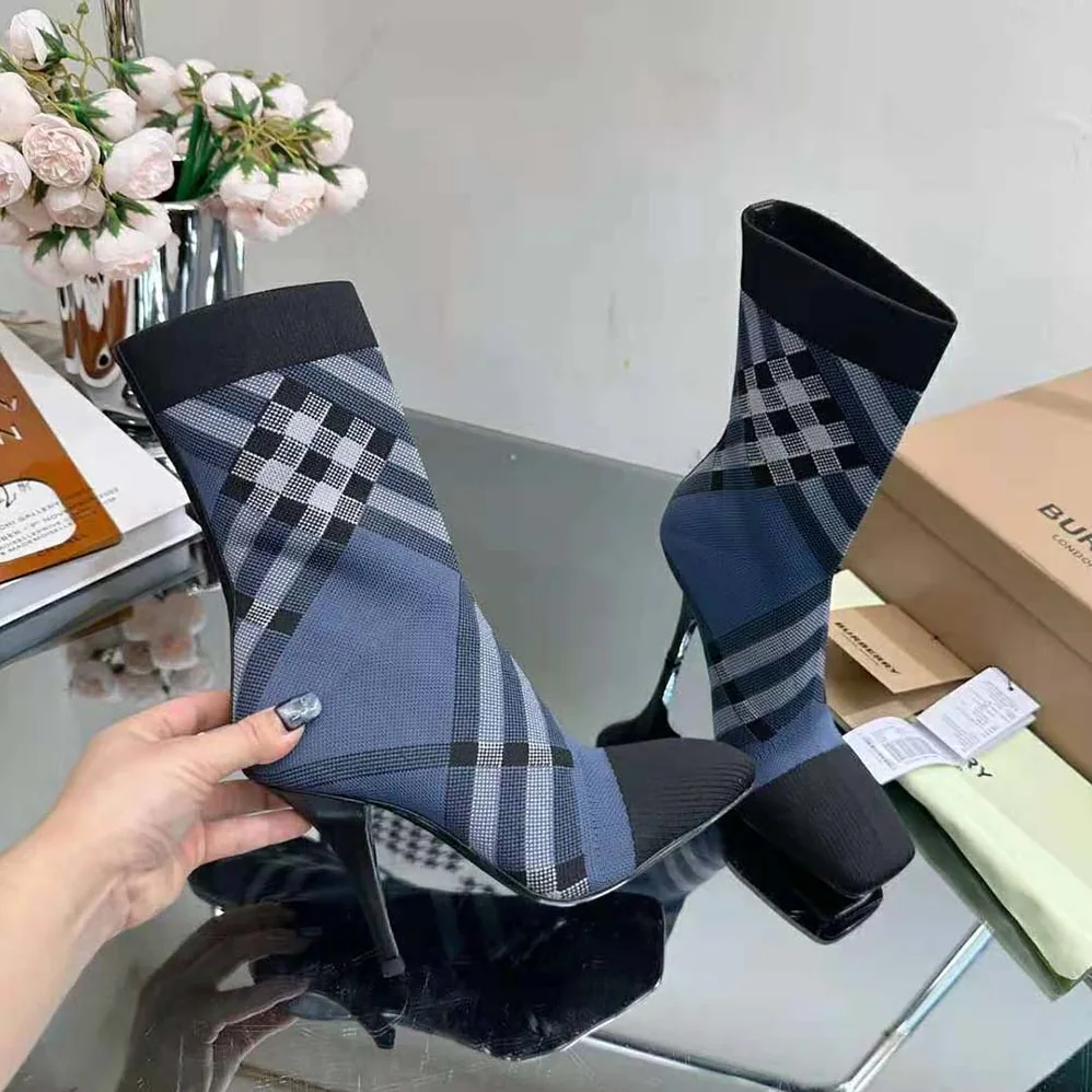Burberry Knitted Check Sock Boots for Women in Navy Burberry Knitted Check Sock Boots for Women in Navy
