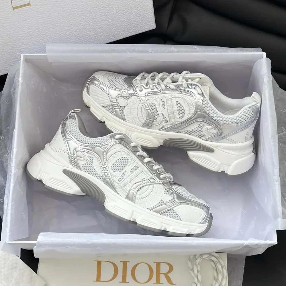 Dior Chrono Sneaker White Mesh with Silver-Tone and White Laminated Leather for Unisex in Effect Inserts