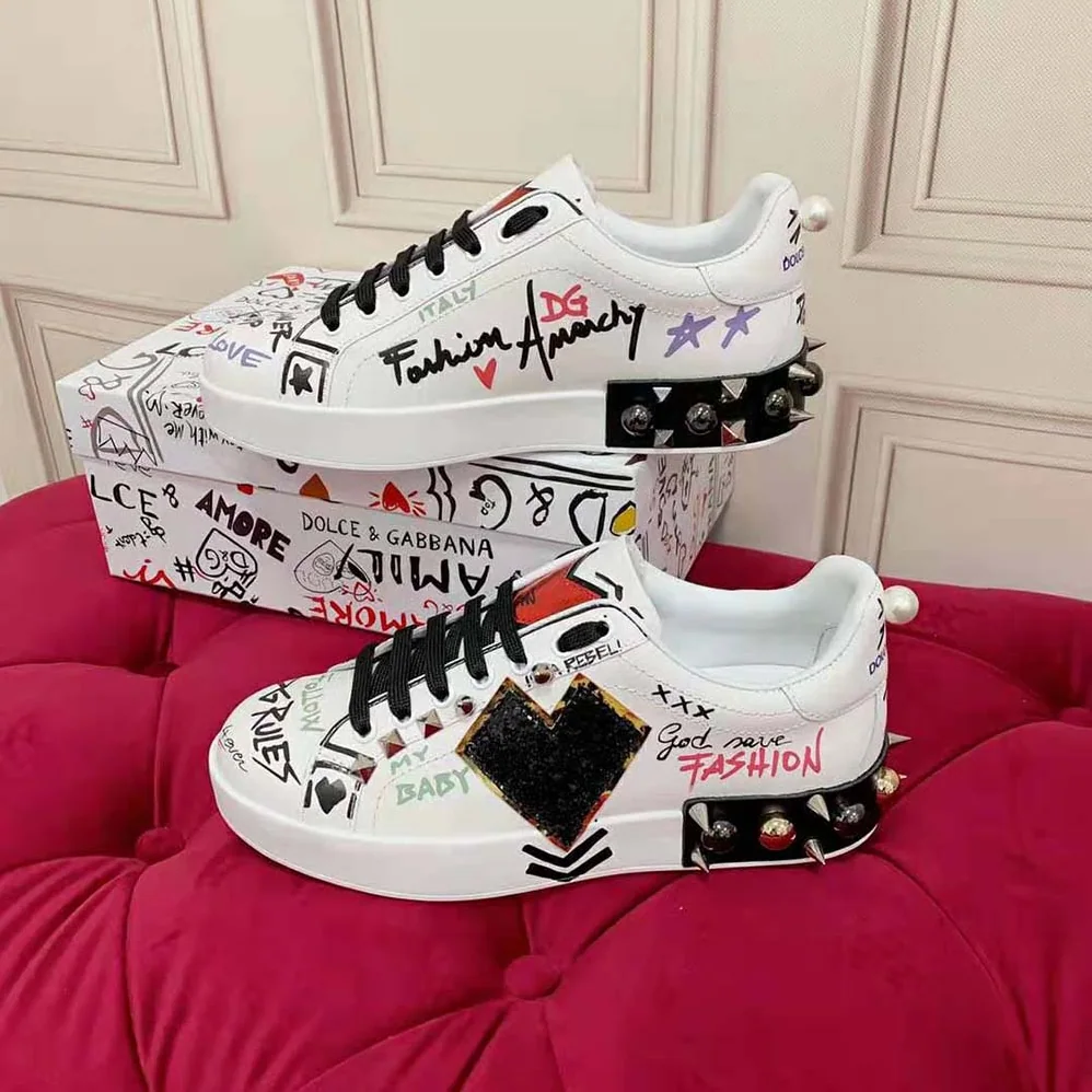 Dolce Gabbana D&G Printed Calfskin Portofino Sneakers with Patch for Unisex