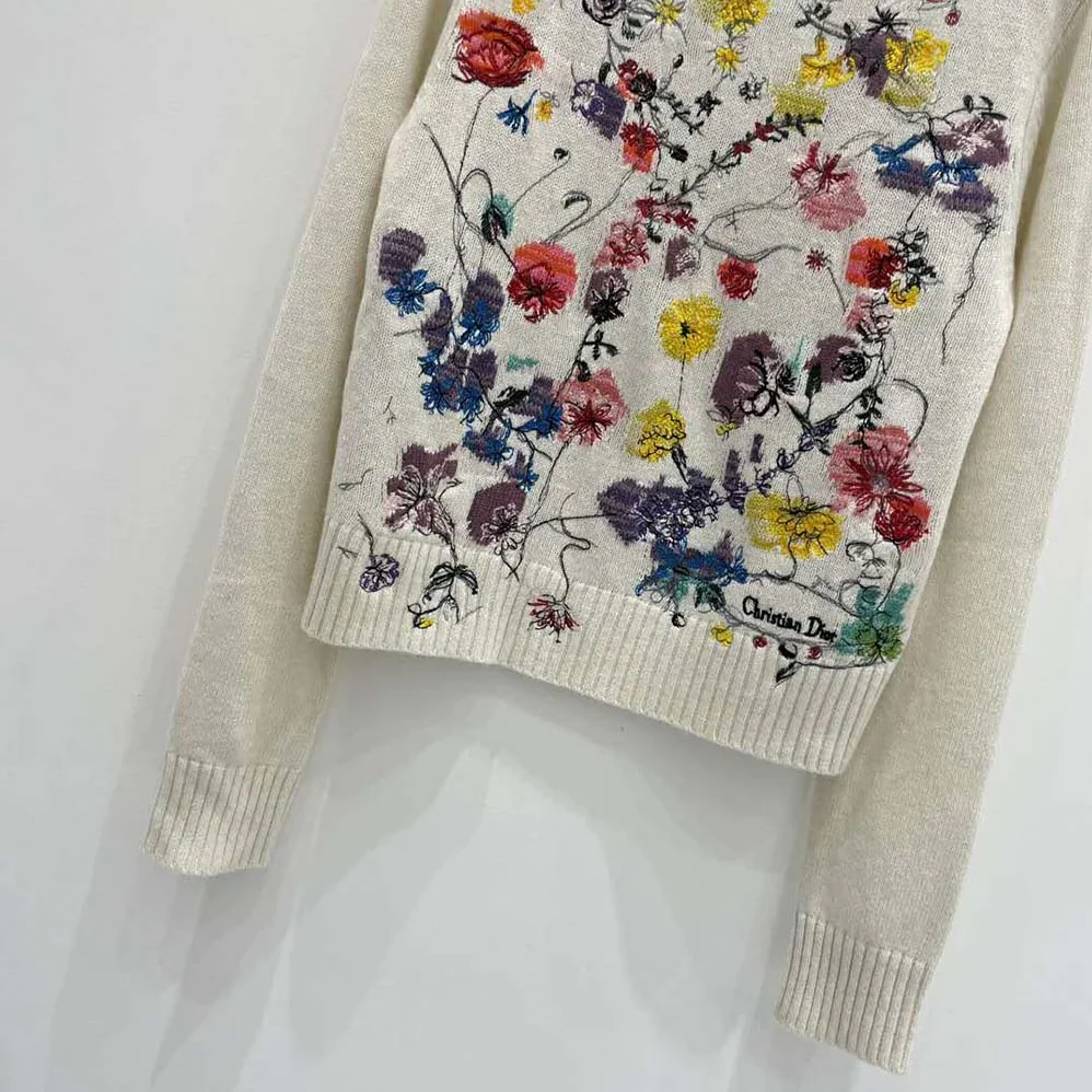 Dior Embroidered Sweater White Cashmere Knit with Red Multicolor Florilegio Motif for Women Dior Embroidered Sweater White Cashmere Knit with Red Multicolor Florilegio Motif for Women