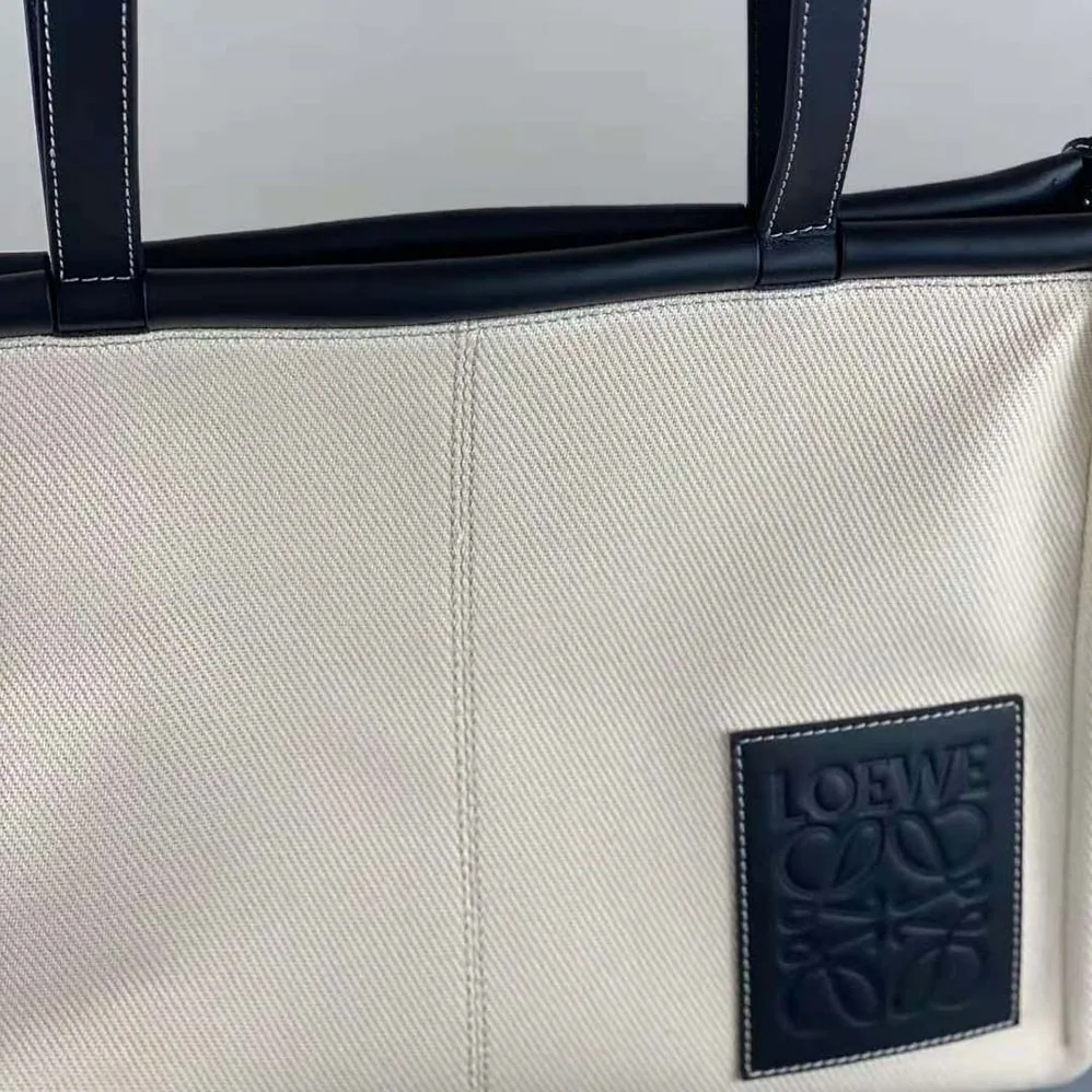 Loewe Cushion Tote Bag in Canvas and Calfskin for Women in Black