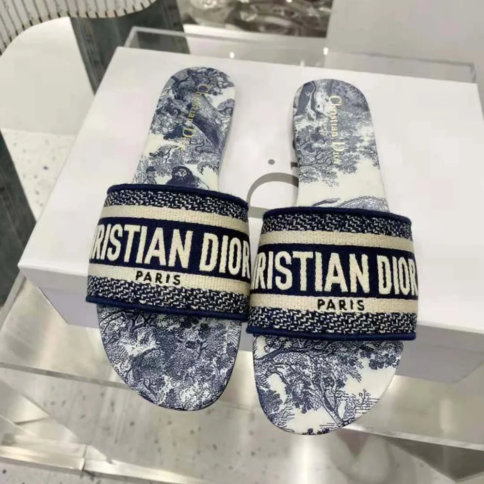 Dior Dway Slide Blue Cotton Embroidery for Women