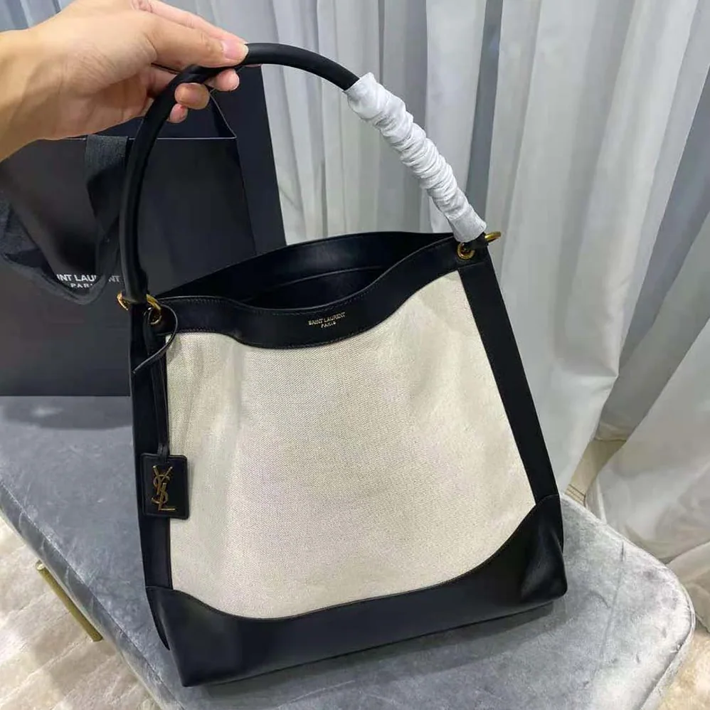 Saint Laurent YSL Tag Hobo Bag in Canvas and Leather for Women Saint Laurent YSL Tag Hobo Bag in Canvas and Leather for Women