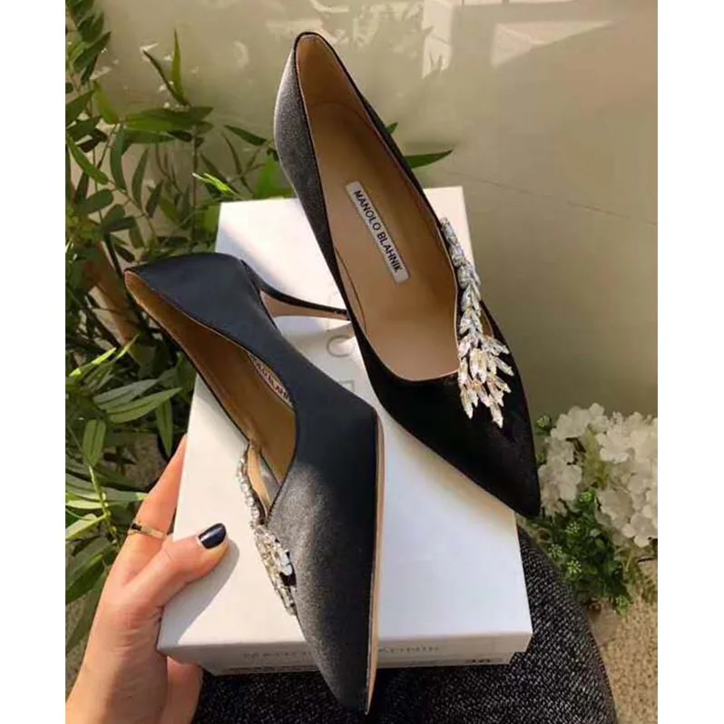 Manolo Blahnik Shoes Nadira Satin Jewel Buckle Pumps 90mm Heel for Women in Black