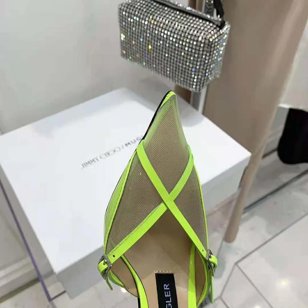 Jimmy Choo Mugler Strap Pump Neon Yellow Patent and Mesh Pumps with Straps for Women Jimmy Choo Mugler Strap Pump Neon Yellow Patent and Mesh Pumps with Straps for Women