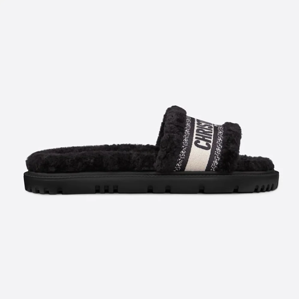 Dior Dway Slide Black Embroidered Cotton and Shearling for Women Dior Dway Slide Black Embroidered Cotton and Shearling for Women
