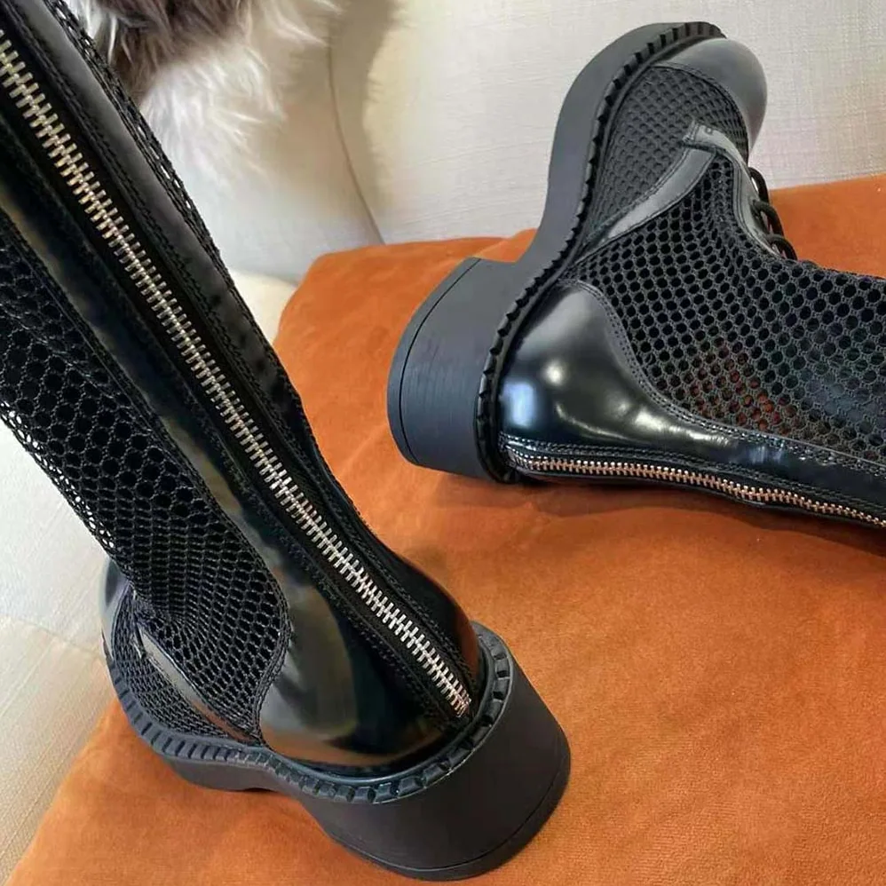 Prada Brushed Leather and Mesh Boots for Women in Black
