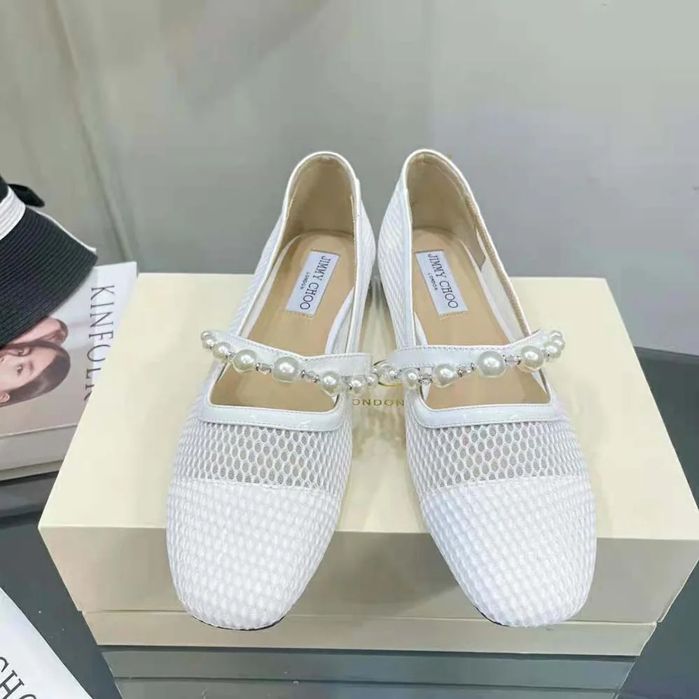 Jimmy Choo Ade Flat White Fishnet Mesh and Latte Nappa Flats with Pearl for Women in Embellished Strap