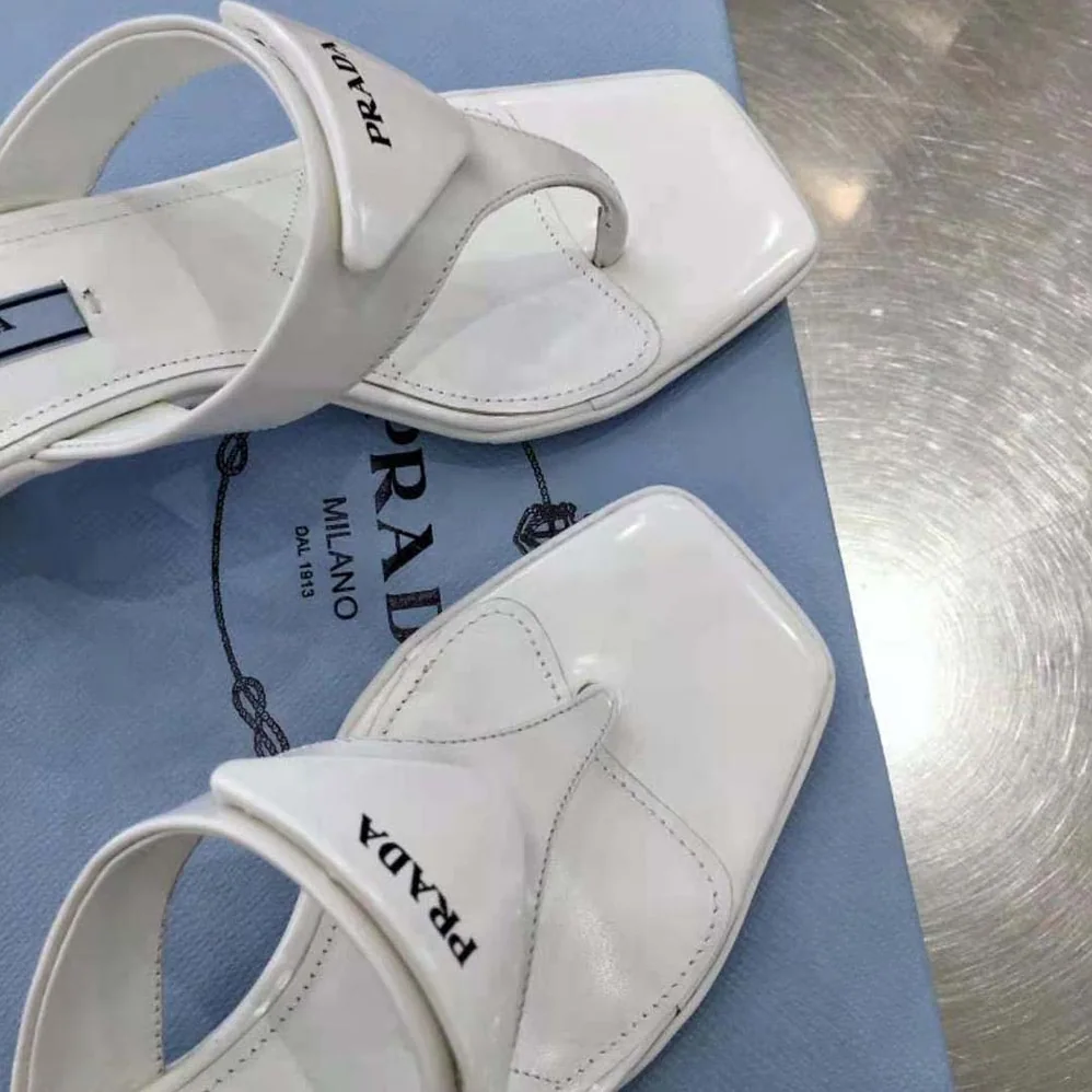 Prada Brushed Leather High-heeled Thong Sandals for Women in White