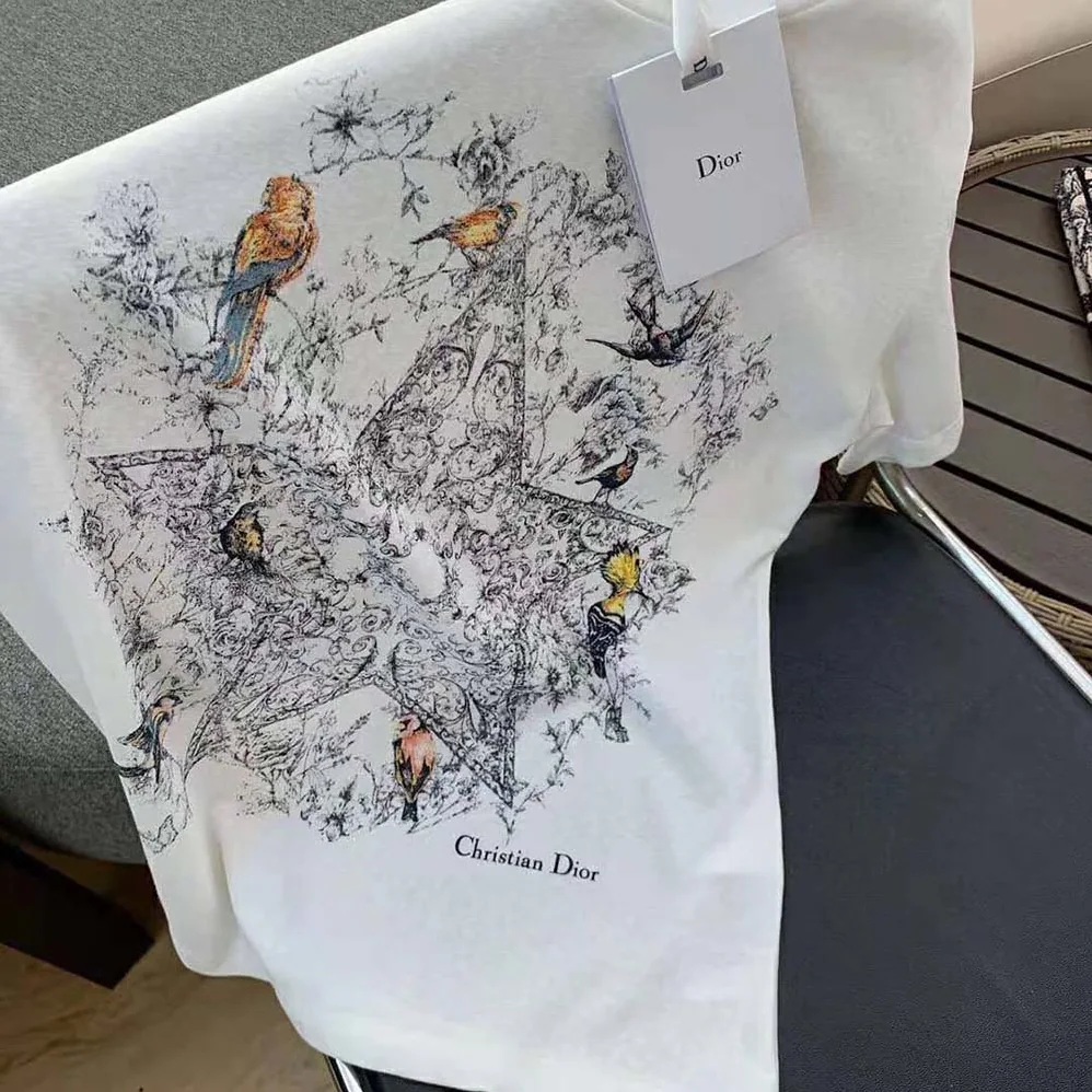 Dior T-shirt Ecru Cotton Jersey and Linen with Dior Sevilla Star Motif for Women Dior T-shirt Ecru Cotton Jersey and Linen with Dior Sevilla Star Motif for Women