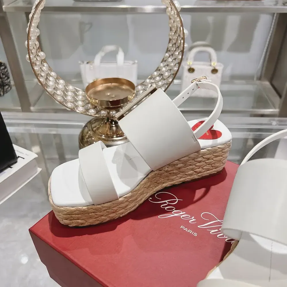 Roger Vivier Strass Buckle Raffia Wedge Sandals in Leather for Women Roger Vivier Strass Buckle Raffia Wedge Sandals in Leather for Women