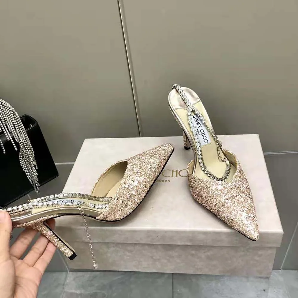 Jimmy Choo Saeda 100 Rose Coarse Glitter Fabric Pumps for Women Jimmy Choo Saeda 100 Rose Coarse Glitter Fabric Pumps for Women