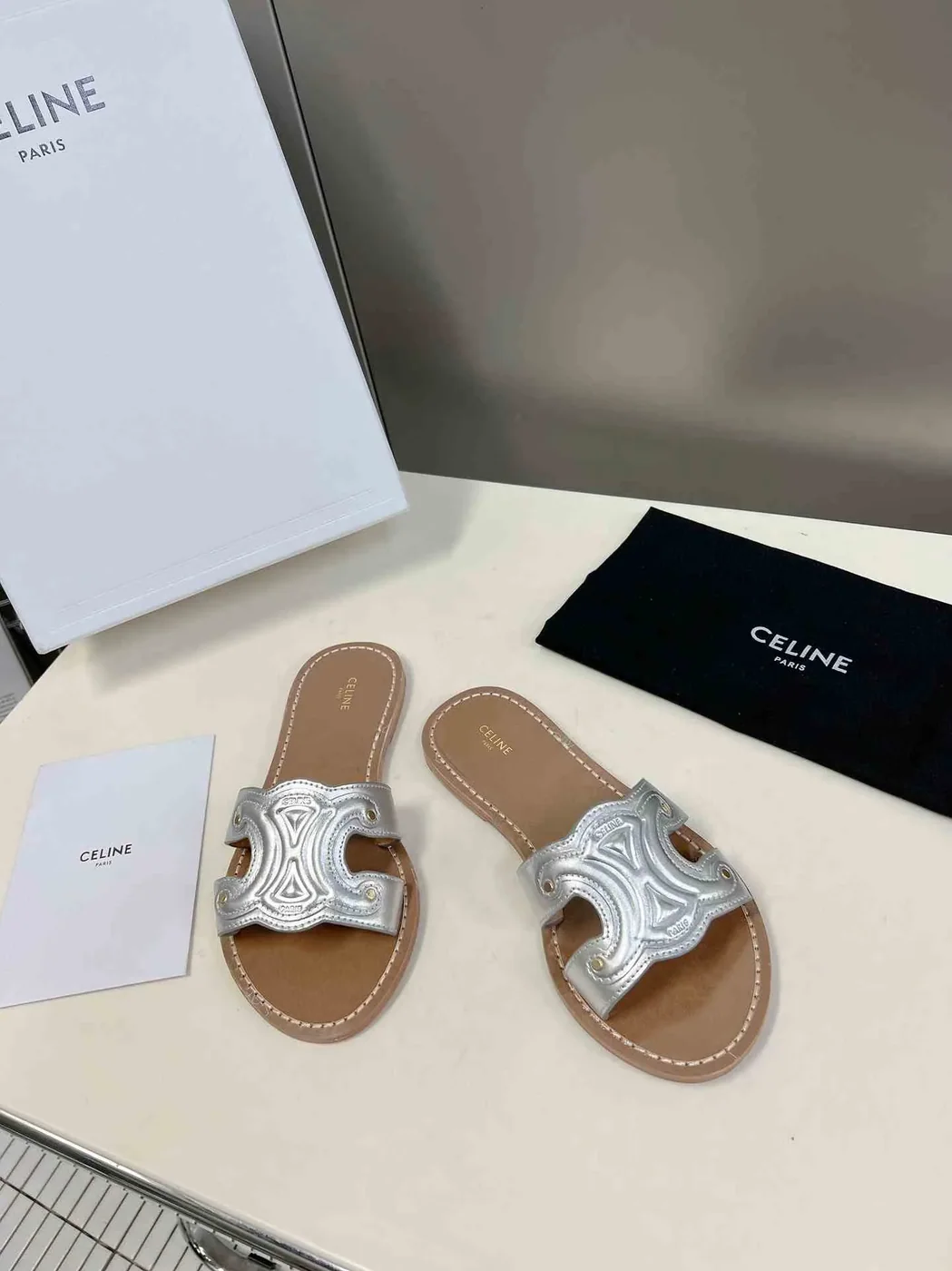 Celine Triomphe Mule In Metalized Sliver Tone .36PN Celine Triomphe Mule In Metalized Sliver Tone .36PN