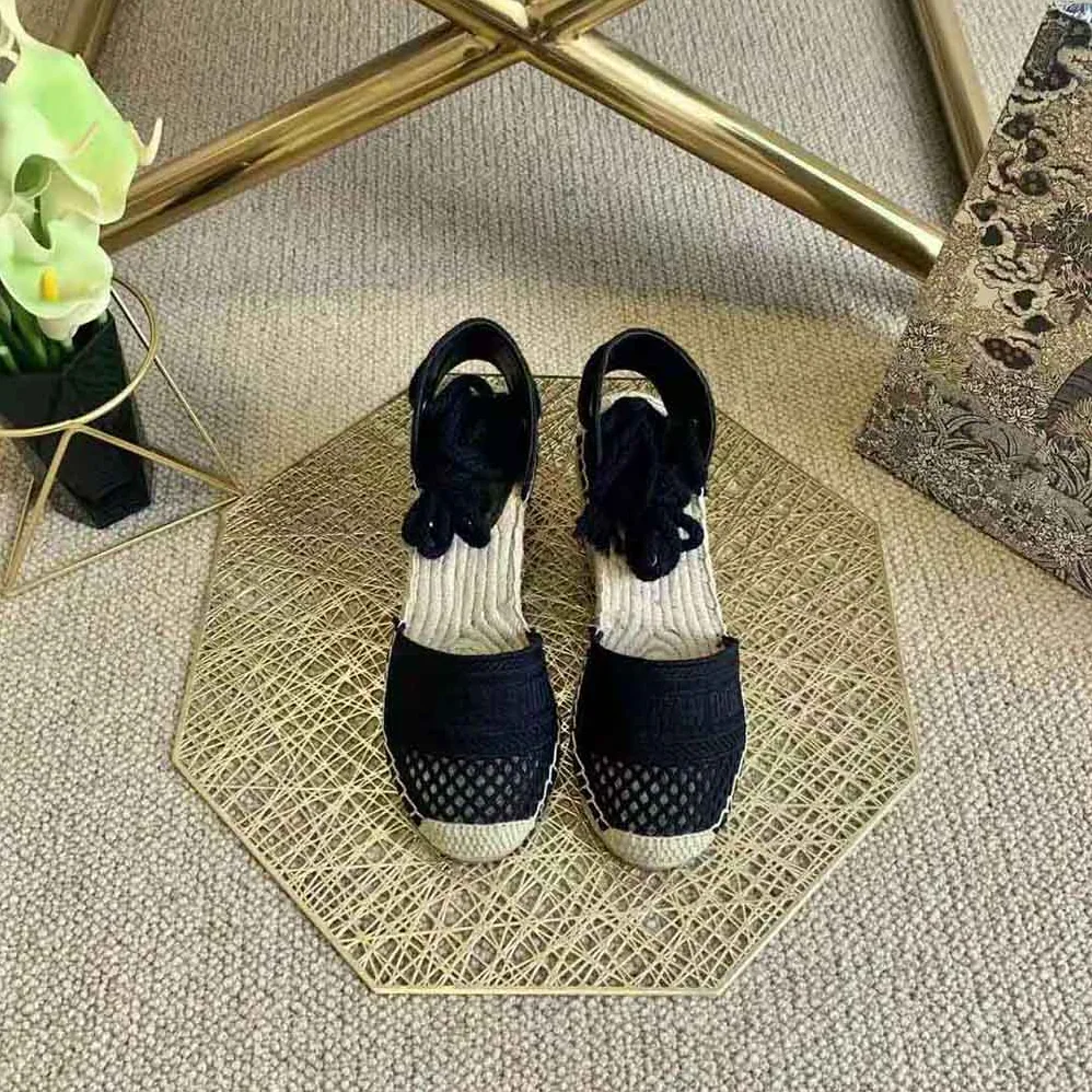 Dior Granville Wedge Espadrille Black Mesh Embroidery for Women Dior Granville Wedge Espadrille Black Mesh Embroidery for Women