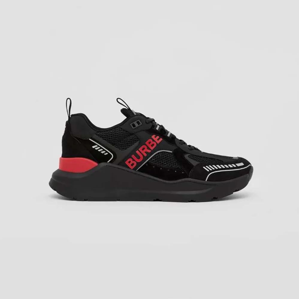 Burberry Logo Print Suede and Mesh Sneakers for Men in Black Burberry Logo Print Suede and Mesh Sneakers for Men in Black