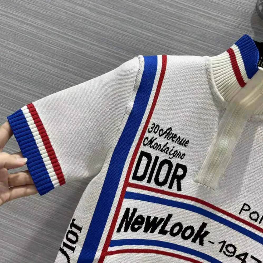 Dior Stand Collar Top White and Tricolor Stretch Viscose for Women