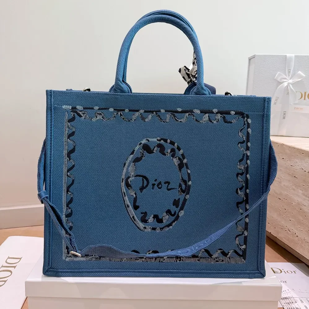 Dior Dioriviera Medium Dior Book Tote with Strap Blue-Greige Dior Painted Ribbon Embroidery for Women Dior Dioriviera Medium Dior Book Tote with Strap Blue-Greige Dior Painted Ribbon Embroidery for Women