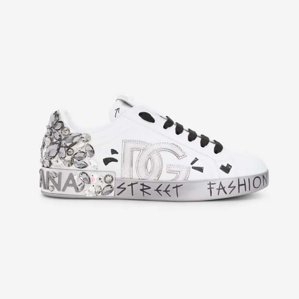 Dolce Gabbana D&G Printed Calfskin Nappa Portofino Sneakers with DG Logo and Embroidery for Men in Silver
