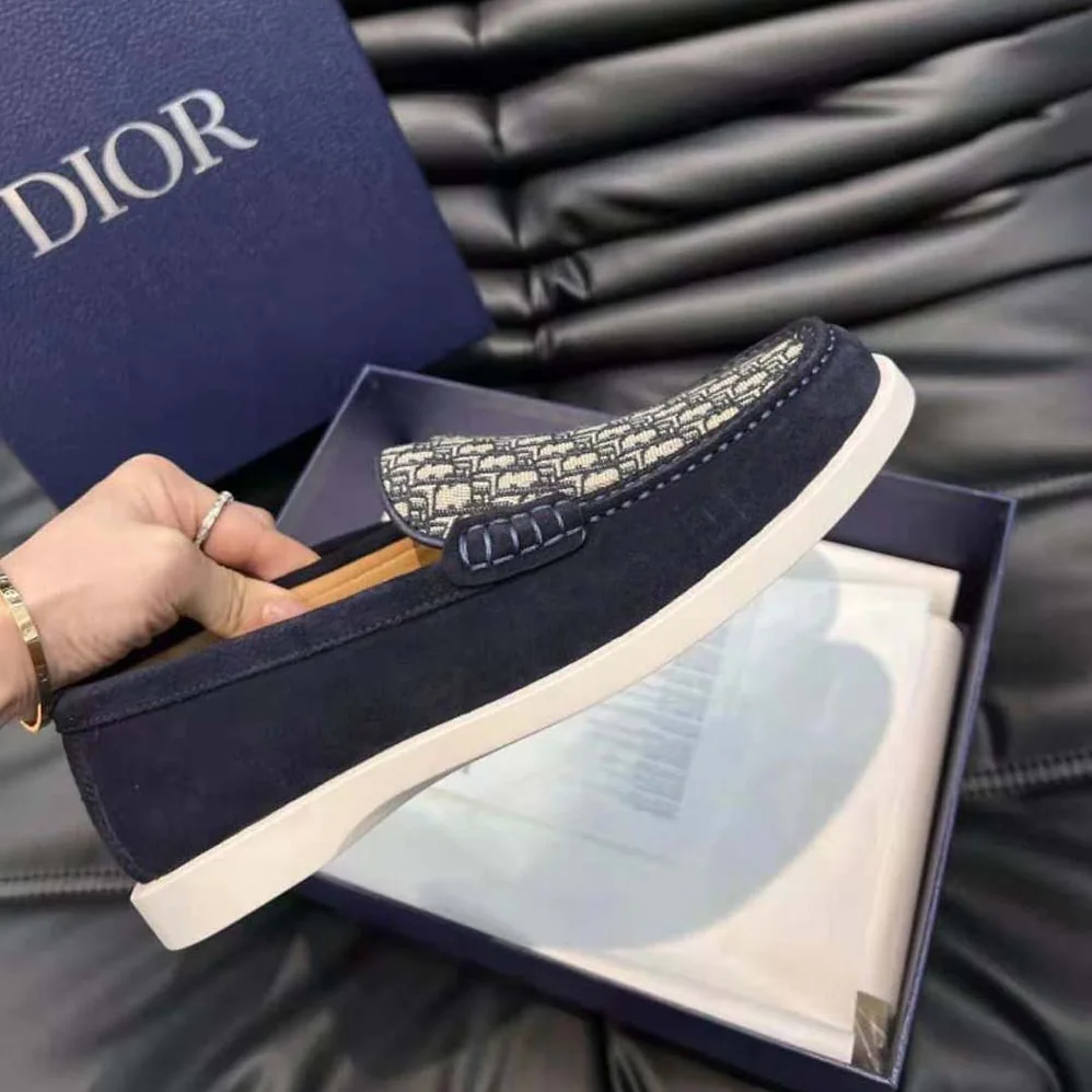 Dior Granville Loafer Navy Blue Suede with Beige and Black Dior Oblique Jacquard for Men
