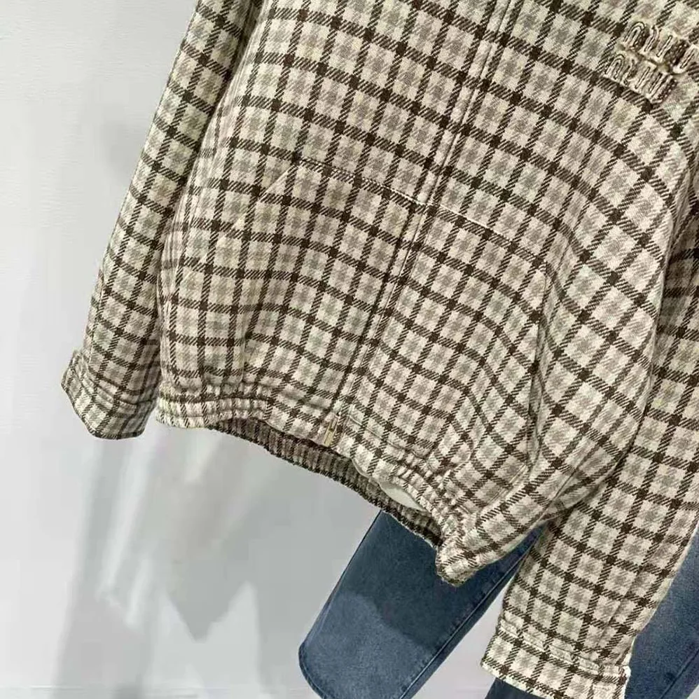 Miu Miu Check Blouson Jacket with Embroidered Logo for Women Miu Miu Check Blouson Jacket with Embroidered Logo for Women