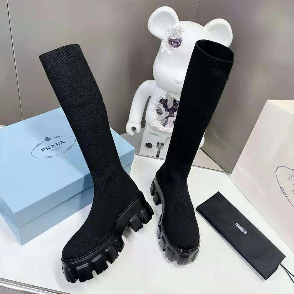 Prada Monolith Knit Boots with Embossed Rubber Triangle Logo for Women Prada Monolith Knit Boots with Embossed Rubber Triangle Logo for Women