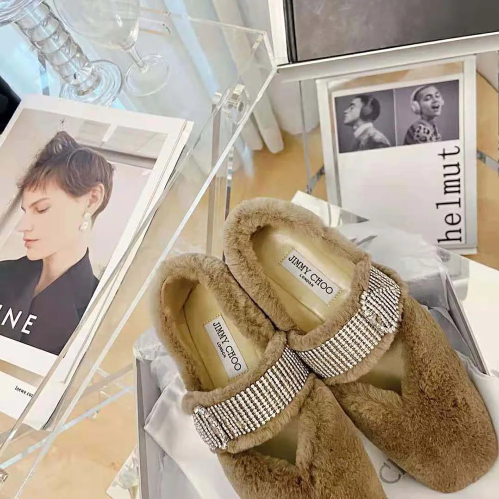 Jimmy Choo Krista Flat Latte Faux Fur Flats with Crystal for Women in Embellished Strap Jimmy Choo Krista Flat Latte Faux Fur Flats with Crystal for Women in Embellished Strap