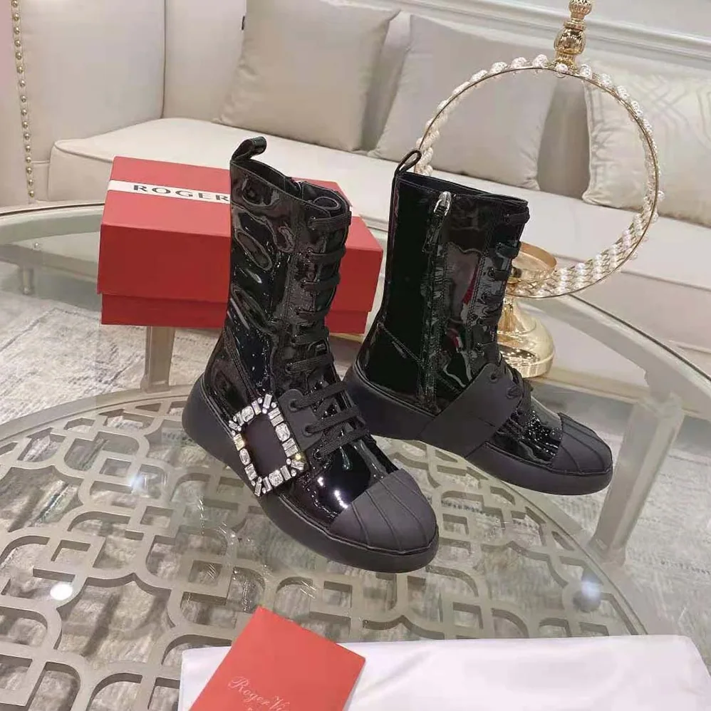 Roger Vivier Viv Skate Lace Up Strass Buckle Booties in Leather for Women in Black Roger Vivier Viv Skate Lace Up Strass Buckle Booties in Leather for Women in Black