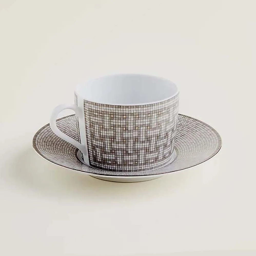 Hermes Mosaique Au 24 Platinum Tea Cup and Saucer for Unisex