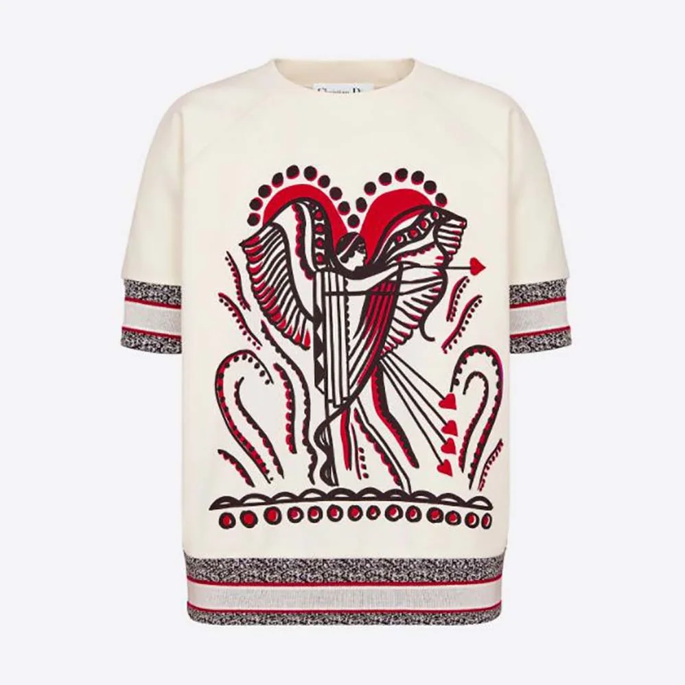 Dior Short-Sleeved Sweatshirt White Cotton Jersey with Multicolor Cupidon Motif for Women