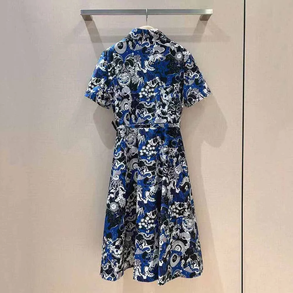 Dior Mid-Length Belted Dress Blue Dior Zodiac Fantastico Cotton Poplin for Women