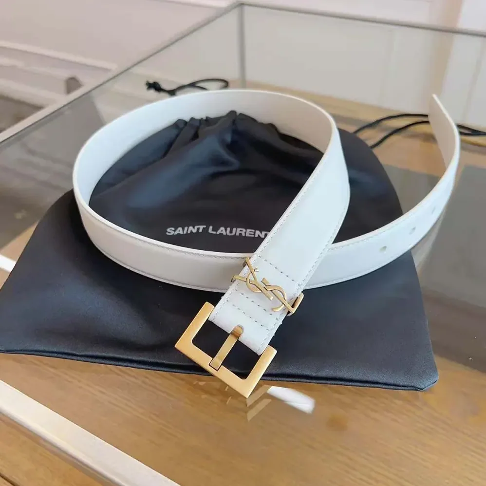 Saint Laurent YSL Cassandre Thin Belt with Square Buckle in Lacquered Leather for Women in White Saint Laurent YSL Cassandre Thin Belt with Square Buckle in Lacquered Leather for Women in White