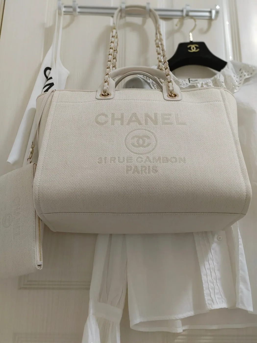 Chanel Deauville Tote Bag in White Gold Hardware