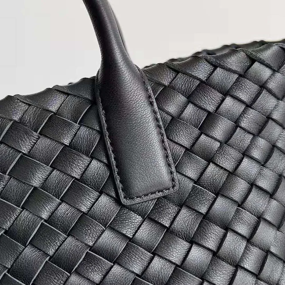 Bottega Veneta Mini Cabat Intreccio Leather Tote Bag with Detachable Strap for Women in Black Bottega Veneta Mini Cabat Intreccio Leather Tote Bag with Detachable Strap for Women in Black