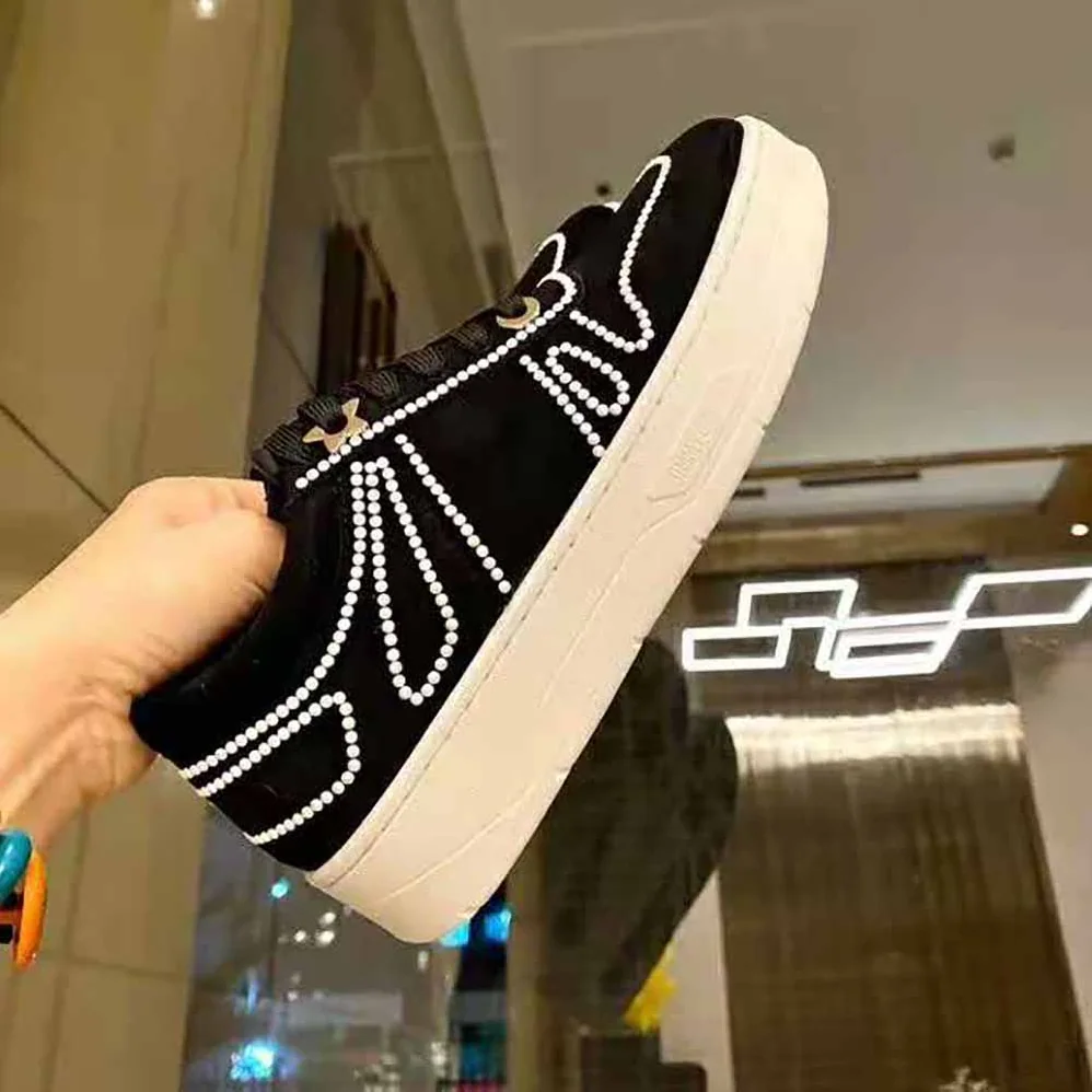 Jimmy Choo Hawaii/F Black Suede Lace-Up Sneakers with Pearl Detailing for Women Jimmy Choo Hawaii/F Black Suede Lace-Up Sneakers with Pearl Detailing for Women