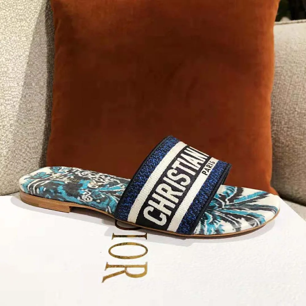 Dior Dway Slide Indigo Blue Dior Palms Embroidered Cotton for Women Dior Dway Slide Indigo Blue Dior Palms Embroidered Cotton for Women