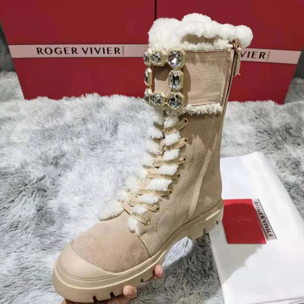 Roger Vivier Walky Viv' Lace Up Shearling Strass Buckle Booties in Suede for Women Roger Vivier Walky Viv' Lace Up Shearling Strass Buckle Booties in Suede for Women