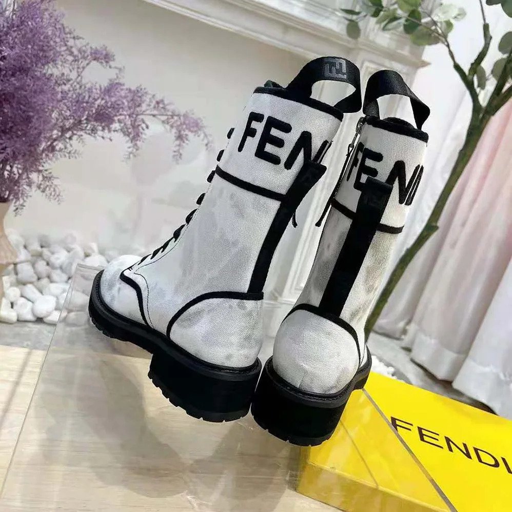 Fendi Signature Gray Canvas Biker Boots for Women