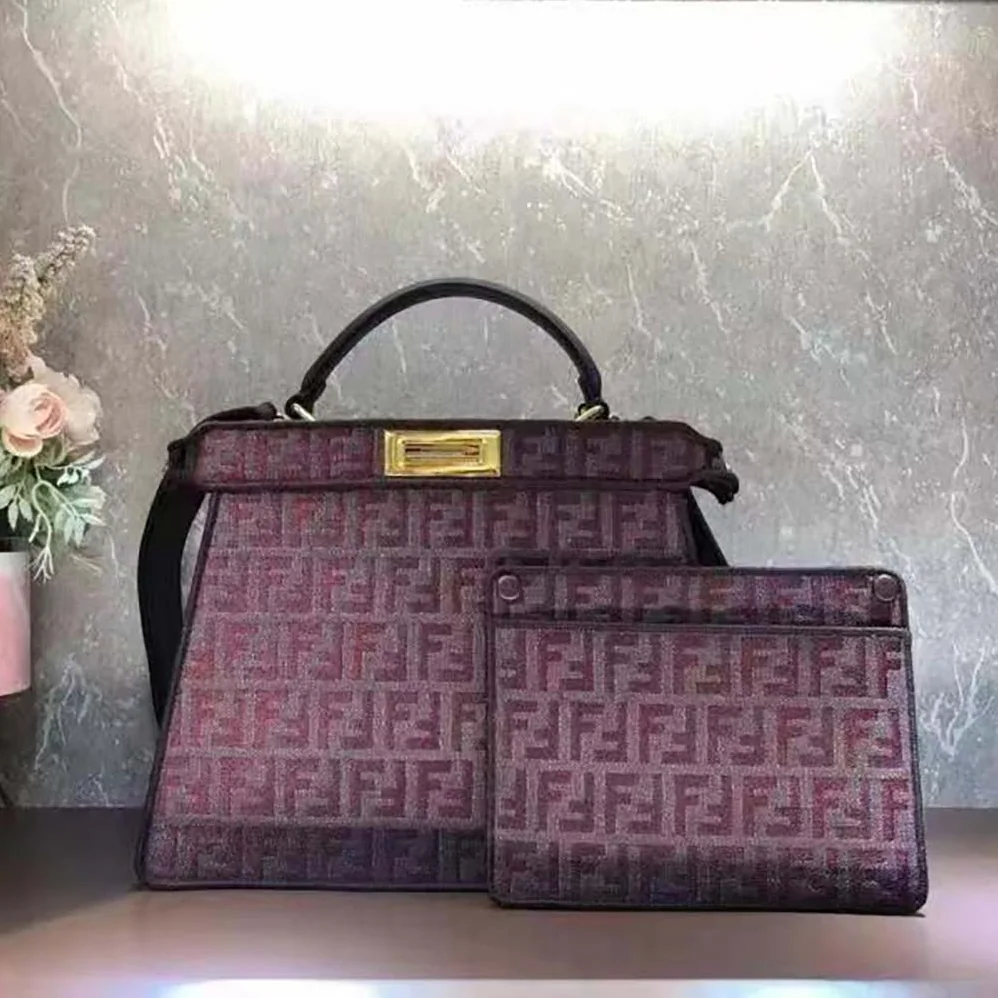 Fendi Peekaboo ISeeU Medium Maroon FF Tapestry Fabric Bag for Women Fendi Peekaboo ISeeU Medium Maroon FF Tapestry Fabric Bag for Women
